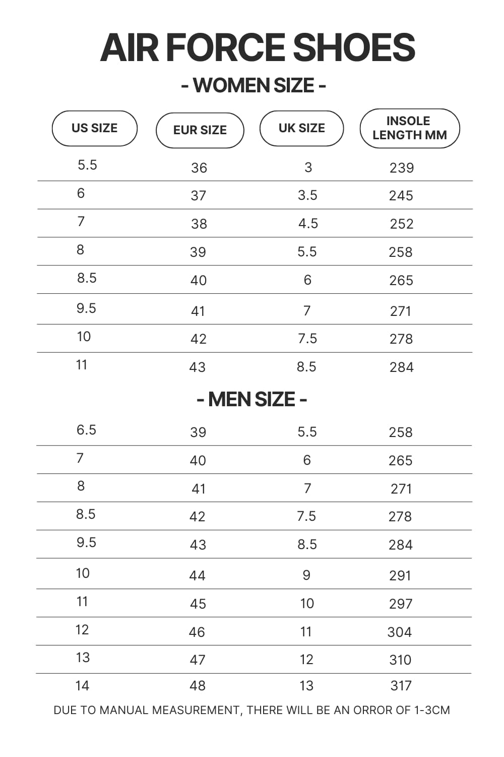 Air Force Shoes Size Chart - Hunter X Hunter Store