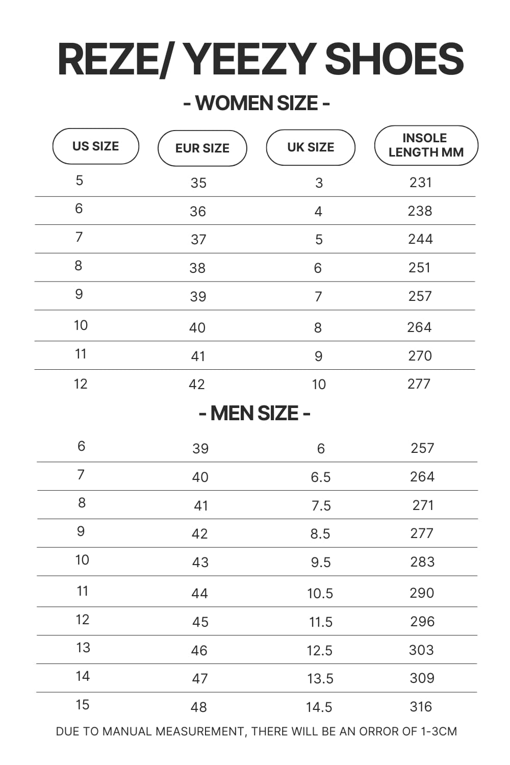 Reze Yeezy Shoes Size Chart - Hunter X Hunter Store