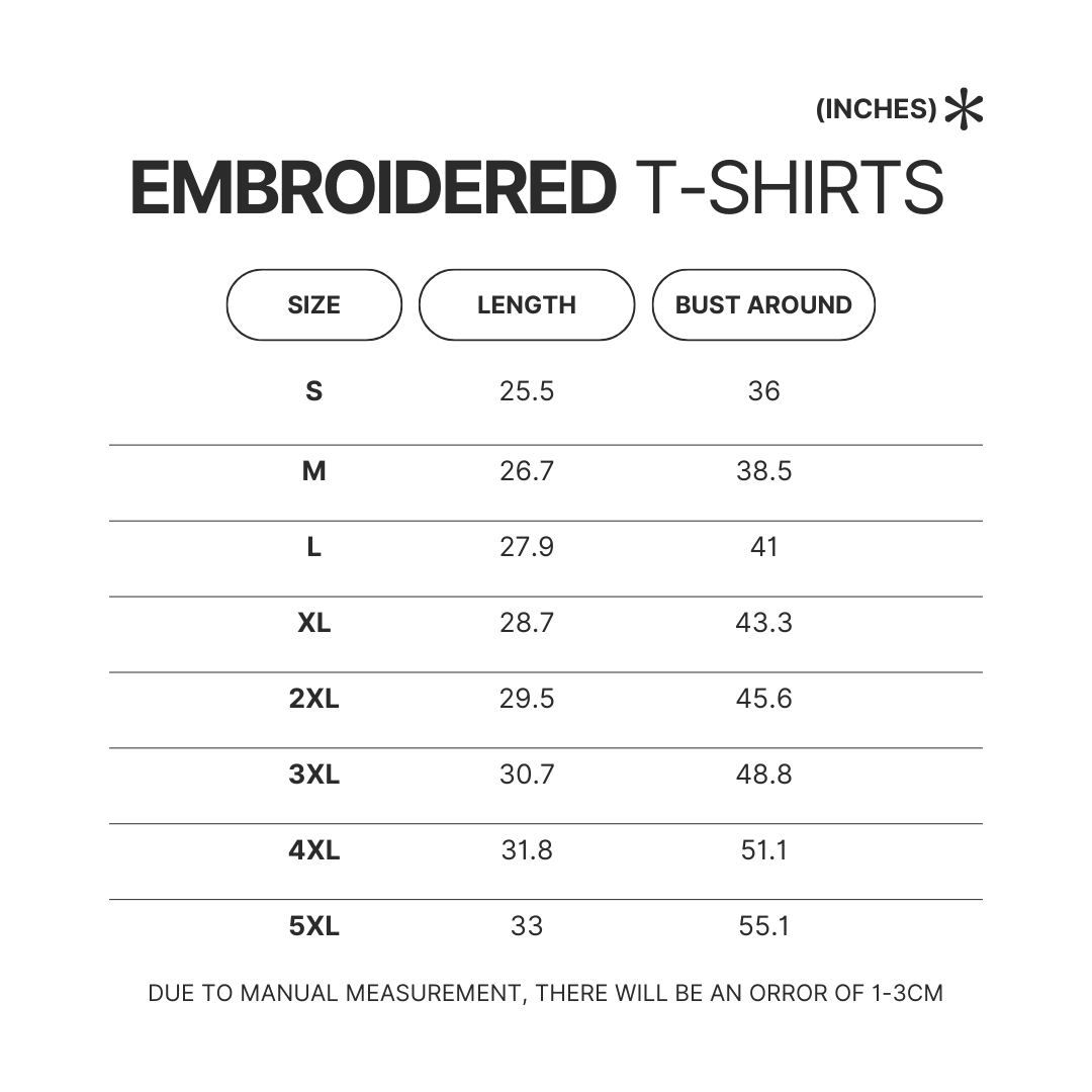 Embroidered T shirt Size Chart - Hunter X Hunter Store